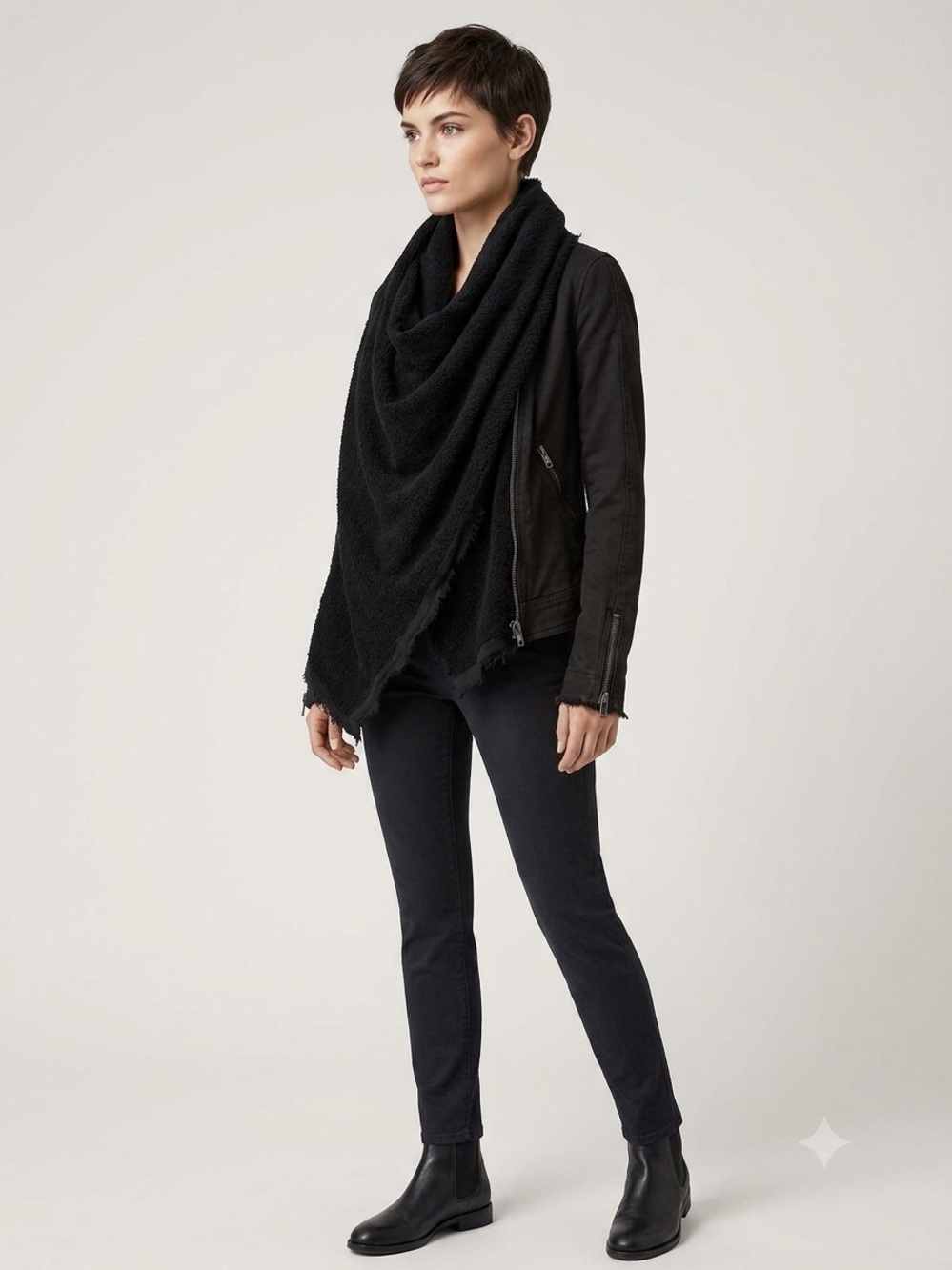 Free People Black moto Jean Jacket with Draped Scarf front